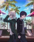  2boys back-to-back black_jacket black_legwear blue_sky blurry blurry_background chains clenched_hand closed_mouth cloud commentary_request covering_one_eye danganronpa day fence from_side green_jacket grey_shirt grin hand_in_hair hand_over_eye highres holding jacket kaer_sasi_dianxia komaeda_nagito looking_down male_focus medium_hair multicolored_hair multiple_boys open_clothes open_jacket original outdoors palm_tree pants shirt sky smile sunlight super_danganronpa_2 teeth tree white_hair white_shirt 