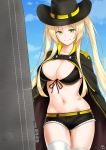  1girl ass_visible_through_thighs azur_lane bikini_top black_bikini_top black_hat blonde_hair breasts cape cleavage cloud cloudy_sky collarbone cowboy_hat cowboy_shot day eyebrows_visible_through_hair flight_deck green_eyes hat highres hornet_(azur_lane) kamui_aya large_breasts long_hair looking_at_viewer midriff navel short_shorts shorts signature sky smile solo standing thighhighs twintails white_legwear 