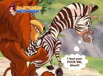  alex alex_the_lion dialog dreamworks english_text equine erection feline female interspecies lion looking_back madagascar male mammal marty marty_the_zebra penis sex text zebra 