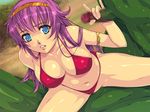  aqua_eyes athena_(series) bikini bikini_aside blue_eyes breasts censored hairband handjob large_breasts long_hair navel penis princess_athena purple_hair red_bikini sex shiny shiny_skin snk solo_focus swimsuit yoko_juusuke 