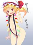  :d bare_shoulders blonde_hair blush bow breasts contrapposto crystal doku_corne fang flandre_scarlet hat highres hips mob_cap navel open_mouth red_eyes short_hair side_ponytail simple_background slingshot_swimsuit small_breasts smile solo standing swimsuit touhou translated tsurime v v-shaped_eyebrows wing_censor wings 