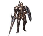  armor armored_boots boots brown_eyes brown_hair deliford full_armor full_body gloves granblue_fantasy helmet male_focus minaba_hideo official_art polearm shield solo spear transparent_background weapon 