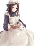  apron blue_eyes book braid brown_hair expressionless frilled_apron frills hair_ornament hairclip hat kashiwagi_chisame long_hair long_sleeves looking_down maid maid_cap open_book original reading simple_background single_braid solo victorian_maid white_background 