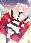  asaki_benio bell blue_eyes boots bow christmas crop_top fur_trim garter_straps gloves hair_bow hair_ornament hair_ribbon holly holly_hair_ornament knee_boots lipstick long_hair looking_at_viewer makeup navel original pink_hair pink_lips ribbon santa_costume smile solo star starry_background striped striped_legwear thighhighs twintails white_santa_costume 