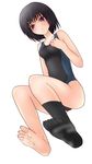  1girl barefoot black_eyes black_hair black_legwear blush breasts feet female from_below full_body hand_on_chest looking_at_viewer looking_down no_shoes pov pov_feet school_swimsuit short_hair simple_background socks_removed soles solo steam swimsuit toes white_background 
