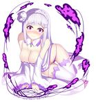  3: arm_support ass_visible_through_thighs bangs bare_shoulders blush braid breasts cleavage closed_mouth cloud crown_braid detached_collar detached_sleeves dress embarrassed emerald emilia_(re:zero) eyebrows_visible_through_hair flower frilled_sleeves frills full_body gem hair_flower hair_ornament head_tilt large_breasts lavender_hair long_hair long_sleeves looking_at_viewer low-tied_long_hair magic_circle nose_blush on_floor panties purple_eyes purple_panties re:zero_kara_hajimeru_isekai_seikatsu shiny shiny_skin sidelocks simple_background solo tearing_up tears thigh_gap thighhighs underwear v_arms very_long_hair wardrobe_malfunction white_background white_dress white_legwear wide_sleeves yuruto 