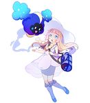  bag blonde_hair braid chaba_(hortensia) cosmog dress duffel_bag full_body gen_7_pokemon green_eyes hat lillie_(pokemon) long_hair open_mouth pokemon pokemon_(creature) pokemon_(game) pokemon_sm sleeveless sleeveless_dress sun_hat transparent_background twin_braids white_dress white_hat 