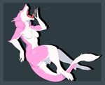  2016 anthro black_background breasts claws cute eyes_closed female fluffy funnymouth fur grey_border kristoph_wulphenstein navel nipple_bulge nude open_mouth pink_fur sergal simple_background solo teeth toe_claws tongue tongue_out waking_up white_fur yawn 