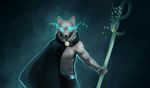  anthro canine cape clothing glowing glowing_eyes happy-cat looking_at_viewer male mammal solo staff standing 