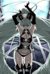  armpits arms_up backlighting black_gloves black_legwear black_panties boots breasts cleavage closed_eyes closed_mouth elbow_gloves etia_visconti eyebrows_visible_through_hair frilled_panties frills gen'ei_wo_kakeru_taiyou gloves groin large_breasts light_beam long_hair navel panties solo standing thigh_boots thighhighs underwear very_long_hair you2 