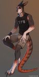  anthro clothed clothing ear_piercing facial_hair goatee kangaroo looking_at_viewer male mammal marsupial piercing simple_background smile solo totesfleisch8 