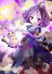  acerola_(pokemon) armlet blush dress fake_wings flipped_hair flying_sweatdrops gen_7_pokemon hair_ornament looking_at_viewer mimikyu open_mouth pokemon pokemon_(creature) purple_hair short_hair smile stitches topknot trial_captain unya wings 