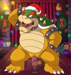  2018 3_toes animal_genitalia anthro blush bowser christmas collar cum cum_on_ground erection front_view genital_slit hand_behind_head hat holidays koopa looking_at_viewer male mario_bros nintendo nude penis precum retracted_foreskin santa_hat scales scalie shell sitting slit smile solo spiked_armlet spiked_collar spikes thegreatmatsutzu toes uncut video_games yellow_scales 