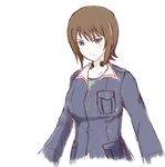  alternate_costume brown_eyes brown_hair cropped_arms cropped_torso girls_und_panzer looking_at_viewer military military_uniform mito_(mitotank) nishizumi_maho ooarai_military_uniform short_hair sketch smirk solo throat_microphone uniform white_background 
