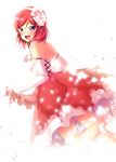  :d bare_shoulders blush breasts dress elbow_gloves flower gloves hair_flower hair_ornament hairband highres large_breasts looking_back love_live! love_live!_school_idol_project nishikino_maki open_mouth petals purple_eyes red_hair short_hair smile solo sparkle strapless strapless_dress yu-ta 