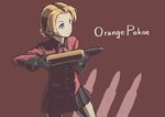  blonde_hair blue_eyes character_name girls_und_panzer gloves orange_pekoe red_background school_uniform short_hair solo st._gloriana's_military_uniform tank_shell vent_arbre 