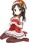  bad_id bad_twitter_id bangs bell bell_collar black_legwear blush brown_eyes brown_hair christmas_stocking collar commentary_request detached_sleeves dress eyebrows_visible_through_hair frilled_dress frills fur_trim hat highres holding holding_hat idolmaster idolmaster_cinderella_girls looking_at_viewer pantyhose red_dress sabet_(young_ouo) santa_costume santa_hat simple_background sitting smile solo tachibana_arisu wariza white_background 