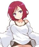  bad_id bad_pixiv_id breasts frown head_tilt highres icehotmilktea large_breasts light_blush looking_at_viewer love_live! love_live!_school_idol_project midriff navel nishikino_maki off_shoulder purple_eyes red_hair shirt short_hair solo 