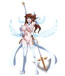  774_(nanashi) angel_wings arm_behind_head bikini breasts brown_eyes brown_hair collar elbow_gloves gloves hand_on_hip high_heels huge_breasts kuramoto_erika lowres magical_girl mahou_shoujo_(raita) micro_bikini panties pixel_art polearm smile solo spear swimsuit thighhighs transparent_background twintails underwear v weapon white_bikini white_panties wings 