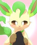  3_toes 3sthrees ambiguous_gender blush brown_eyes brown_nose brown_paws censored eeveelution frustrated fur handjob leafeon male male/ambiguous nintendo pok&eacute;mon sex tan_fur toes video_games 