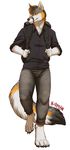  4_toes 5_fingers anthro black_hair black_nose blonde_hair canine clothed clothing digitigrade fox hair inkrend male mammal simple_background smile solo standing toes white_background yellow_eyes 