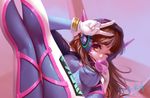  2016 absurdres animal_print bangs blue_bodysuit bodysuit boots bracer breasts brown_eyes brown_hair bubble_blowing bunny_print chewing_gum d.va_(overwatch) dated eyelashes facepaint facial_mark gloves hand_up headphones highres legs_up long_hair lying medium_breasts meka_(overwatch) on_back one_eye_closed overwatch pauldrons pilot_suit ribbed_bodysuit shoulder_pads signature skin_tight solo steven_kn thigh_boots thigh_strap thighhighs v whisker_markings white_footwear white_gloves 