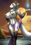  anthro big_breasts blue_eyes breasts clothing detailed_background digimon eyelashes female gloves hair legwear link2004 panties pussy renamon solo standing stockings translucent transparent_clothing underwear water white_hair wide_hips 