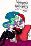  2016 anthro anthrofied christmas clothing dialogue elbow_gloves english_text equine female friendship_is_magic gloves hat holidays horn legwear mammal my_little_pony newyorkx3 paper pen princess_celestia_(mlp) santa_hat solo sparkles stockings text winged_unicorn wings 