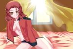  arm_support breasts cleavage curtains girls_und_panzer groin highres jacket_on_shoulders lens_flare on_bed panties partially_undressed pink_hair rosehip sitting sitting_on_bed sketch smile solo thighs underwear window yellow_eyes 