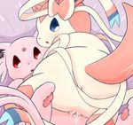  blue_eyes bow butt caught cute eeveelution espeon female female/female fur looking_at_viewer looking_back nintendo open_mouth pink_fur pok&eacute;mon purple_fur pussy pussy_juice raised_tail red_eyes ribbons sex sylveon tongue tribadism video_games white_fur 雪見るみね 