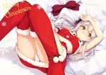  1girl arm_across_waist arm_up bangs blush boots breasts buttons commentary_request dress embarrassed eyebrows_visible_through_hair fur-trimmed_dress fur-trimmed_footwear green_eyes hair_ornament highres knees_together_feet_apart long_hair looking_at_viewer lying merry_christmas mitoko_(tsuchikure) on_back original panties parted_lips polka_dot polka_dot_panties red_dress sack sidelocks signature silver_hair sleeveless sleeveless_dress small_breasts snowflakes solo tareme thigh_boots thighhighs thighs tsuchikure underwear white_panties 