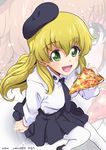  :d anzio_school_uniform artist_name bad_id bad_pixiv_id bangs beret black_footwear black_neckwear black_skirt blonde_hair blush carpaccio dress_shirt emblem eyebrows_visible_through_hair food from_above girls_und_panzer green_eyes hair_between_eyes hat holding holding_pizza kanau loafers long_hair long_sleeves looking_at_viewer looking_up miniskirt necktie open_mouth pantyhose pizza pleated_skirt school_uniform shirt shoes sitting skirt smile solo twitter_username white_legwear white_shirt zoom_layer 