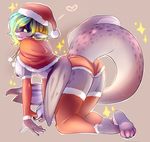  &lt;3 2016 all_fours anthro areola armwear big_breasts blonde_hair blue_eyes breasts butt christmas clothed clothing dk- female fin fish green_hair hair hat holidays iwbitu legwear looking_at_viewer marine nipples partially_clothed purple_nipples purple_skin shark side_boob solo teeth 
