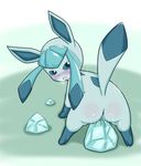  &lt;3 all_fours anus blue_eyes blue_fur blush butt cute eeveelution female feral fur glaceon ice improvised_dildo improvised_sex_toy jumajumi25d looking_at_viewer looking_back masturbation nintendo open_mouth pok&eacute;mon pussy raised_tail rear_view solo text tongue vaginal vaginal_masturbation video_games 