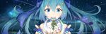  &gt;_o :d ;) aqua_hair aqua_nails bangs bare_shoulders blue_eyes blue_ribbon christmas_tree commentary eyebrows_visible_through_hair fingerless_gloves floating_hair gloves hair_between_eyes hair_ribbon hands_up hatsune_miku highres hoshimiya_mashiro long_hair long_image looking_at_viewer nail_polish neck_ribbon night night_sky one_eye_closed open_mouth ribbon sky smile snow_globe snowman solo star star_print striped striped_ribbon teeth twintails vocaloid wide_image yuki_miku 