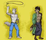  2012 anthro armpit_hair armpits barefoot belt belt_buckle brown_eyes brown_fur brown_hair canine claws clothed clothing digital_media_(artwork) duo feet fur grey_fur hair lasso male mammal nipples rthur surprise topless wolf 