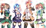  azanami_(pso2) bare_shoulders blue_hair brown_eyes brown_hair gloves green_eyes hair_between_eyes heterochromia highres horns io_(pso2) looking_at_viewer multiple_girls one_eye_closed patty_(pso2) phantasy_star phantasy_star_online_2 pointy_ears short_hair sukage tattoo thighhighs tiea twintails 