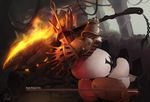  2016 anthro armor axe balls belly big_belly big_ears black_skin butt clothing crown dark_souls detailed_background digimon digital_media_(artwork) fan_character fire guilmon health_bar helmet hi_res humanoid_penis invalid_tag jewelry king_felix male markings melee_weapon nude overweight penis red_skin scalie slightly_chubby uncut video_games weapon white_skin zomacaius 
