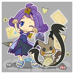  &gt;_&lt; 1girl ;3 acerola_(pokemon) armlet banner blue_eyes blush border chibi closed_eyes closed_mouth costume crumpled_paper dress elite_four flipped_hair full_body gen_1_pokemon gen_7_pokemon hair_ornament half_updo highres kawamochi_(mocchii) mimikyu outline paper picture_(object) pikachu pokemon pokemon_(creature) pokemon_(game) pokemon_sm purple_hair sandals shadow short_hair short_sleeves smile standing stitches tin_can torn_clothes torn_dress torn_sleeves trial_captain 