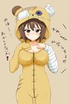  animal_costume bandages bangs bear_costume blush boko_(girls_und_panzer) boko_(girls_und_panzer)_(cosplay) breasts brown_background brown_eyes brown_hair cleavage closed_mouth cosplay cowboy_shot embarrassed eyepatch frown girls_und_panzer heart large_breasts ma-2_(konkon_kitakitsune) nishizumi_maho simple_background sketch solo standing translated 