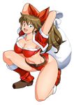  alternate_costume arms_behind_head arms_up belt blue_eyes boots bow bra breasts brown_hair christmas cleavage cropped_jacket full_body hair_bow highres huge_breasts long_hair looking_at_viewer m.u.g.e.n midriff navel oggy one_knee open_mouth original ponytail red_bow ryuuko_(oggy) sack santa_costume shorts smile solo strapless strapless_bra thighs triangle_mouth underwear 