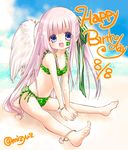  2016_summer_olympics angel_wings anklet beach blue_eyes brazilian_flag dated day gotou_jun hair_ribbon happy_birthday highres jewelry lavender_hair long_hair looking_at_viewer mizutani_yuzu official_art olympics open_mouth ribbon sand sitting smile solo swimsuit tenshi_no_3p! twitter_username very_long_hair wings 