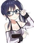  adjusting_eyewear arm_up bad_id bad_twitter_id bangs blue-framed_eyewear blue_eyes blue_hair blush book breasts cleavage collarbone commentary_request cropped eyebrows_visible_through_hair glasses holding holding_book imai_midori large_breasts looking_at_viewer off_shoulder sabet_(young_ouo) shirobako shirt side_ponytail simple_background smile solo striped striped_shirt upper_body vertical-striped_shirt vertical_stripes white_background 