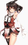  armpits arms_up bangs black_gloves black_hair black_neckwear brown_eyes double-breasted duplicate elbow_gloves eyebrows_visible_through_hair gloves hair_ornament highres kantai_collection keita_(tundereyuina) looking_at_viewer neckerchief remodel_(kantai_collection) scarf sendai_(kantai_collection) shiny shiny_clothes simple_background single_thighhigh solo thighhighs white_background white_scarf 
