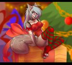  4_toes anthro black_bars blue_hair breasts canine clothed clothing digitigrade female grey_eyes hair mammal navel nipples purrchinyan sitting smile solo toes wolf 