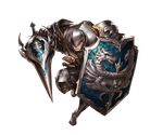  armor armored_boots boots brown_eyes brown_hair deliford full_armor full_body gloves granblue_fantasy helmet male_focus minaba_hideo official_art polearm shield solo spear transparent_background weapon 