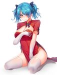  alternate_costume black_bow blue_eyes blue_hair blush bow breasts china_dress chinese_clothes cleavage closed_mouth covered_navel dress elbow_gloves full_body gloves hair_bow hair_over_one_eye highres large_breasts looking_at_viewer moing no_shoes pelvic_curtain raklet_(soccer_spirits) red_dress short_hair short_sleeves sitting soccer_spirits solo thighhighs twintails white_gloves white_legwear 