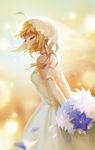  absurdres ahoge artoria_pendragon_(all) bare_shoulders blonde_hair bouquet braid breasts bridal_veil bride closed_eyes dress elbow_gloves eyelashes fate/stay_night fate_(series) floating_hair flower french_braid from_side gloves highres holding holding_bouquet medium_breasts neck_ribbon petals ribbon saber short_hair sidelocks solo strapless strapless_dress veil wedding_dress white_dress white_gloves 