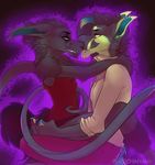  anthro black_fur blue_eyes clothed clothing duo ear_piercing eye_contact fur kissing long_tail male male/male mammal piercing pink_eyes purrchinyan 
