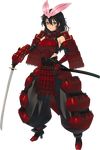  aquaplus armor black_hair blue_eyes bou dark_skin dungeon_travelers_2 full_body grisherina_efleanor high_heels highres holding holding_weapon japanese_armor katana looking_at_viewer official_art samurai solo standing sword transparent_background weapon 